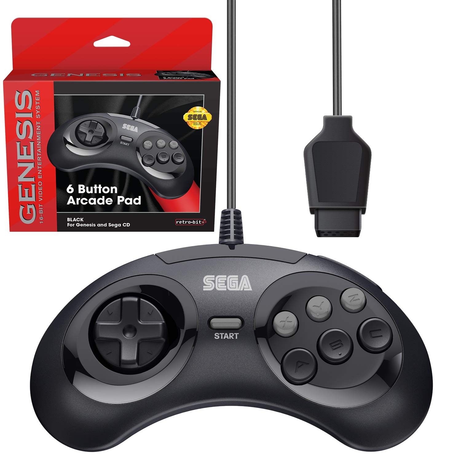 Retro-Bit Official Sega Genesis Controller 6-Button Arcade Pad for Black