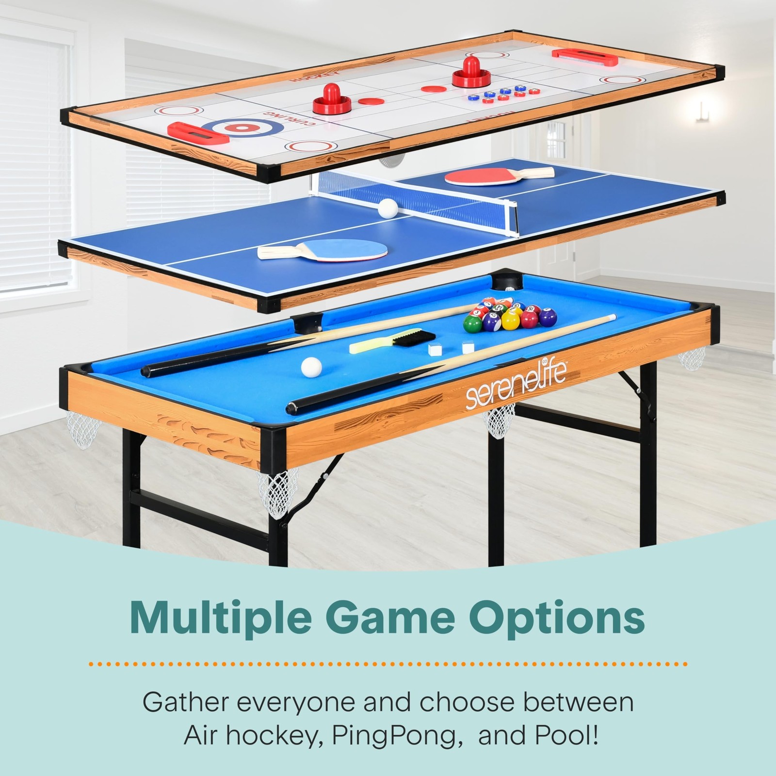 SereneLife 4 in 1 Multi Game Table, 4’x2’ Folding Portable Sports Ar