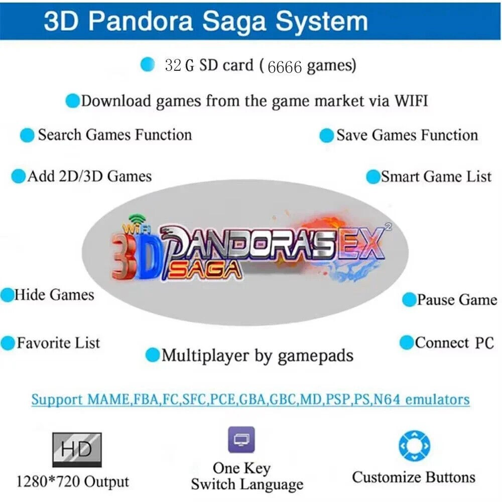 Pandora Saga Box 6666 in 1 Wifi Arcade Game Board With 2D 3D Family version