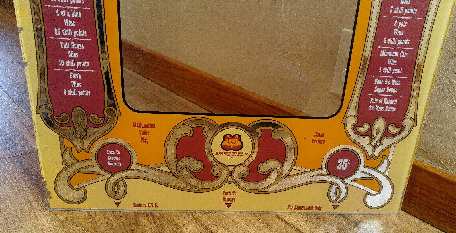 Vintage Glass SMS Top Draw Bar Arcade Gambling Machine Video Game Frame Panel