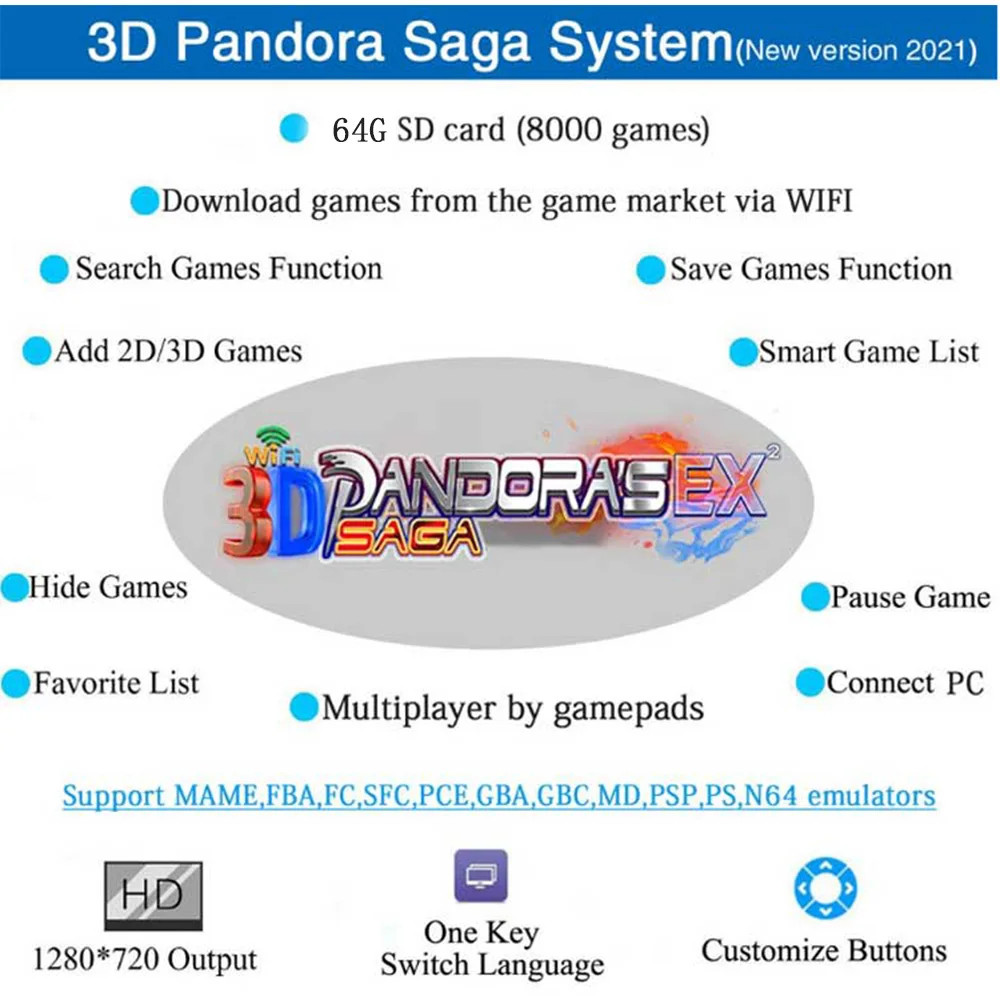 3D Pandora Saga Box, 10000 in 1, Arcade board Wifi, 128G SD Card, Add 2D 3D Game