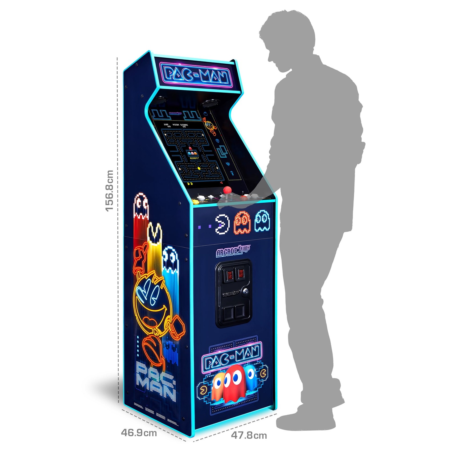 ARCADE1UP PAC-MAN DELUXE ARCADE MACHINE WITH 14 GAMES INCLUDED, 5 FEET TALL,NEON