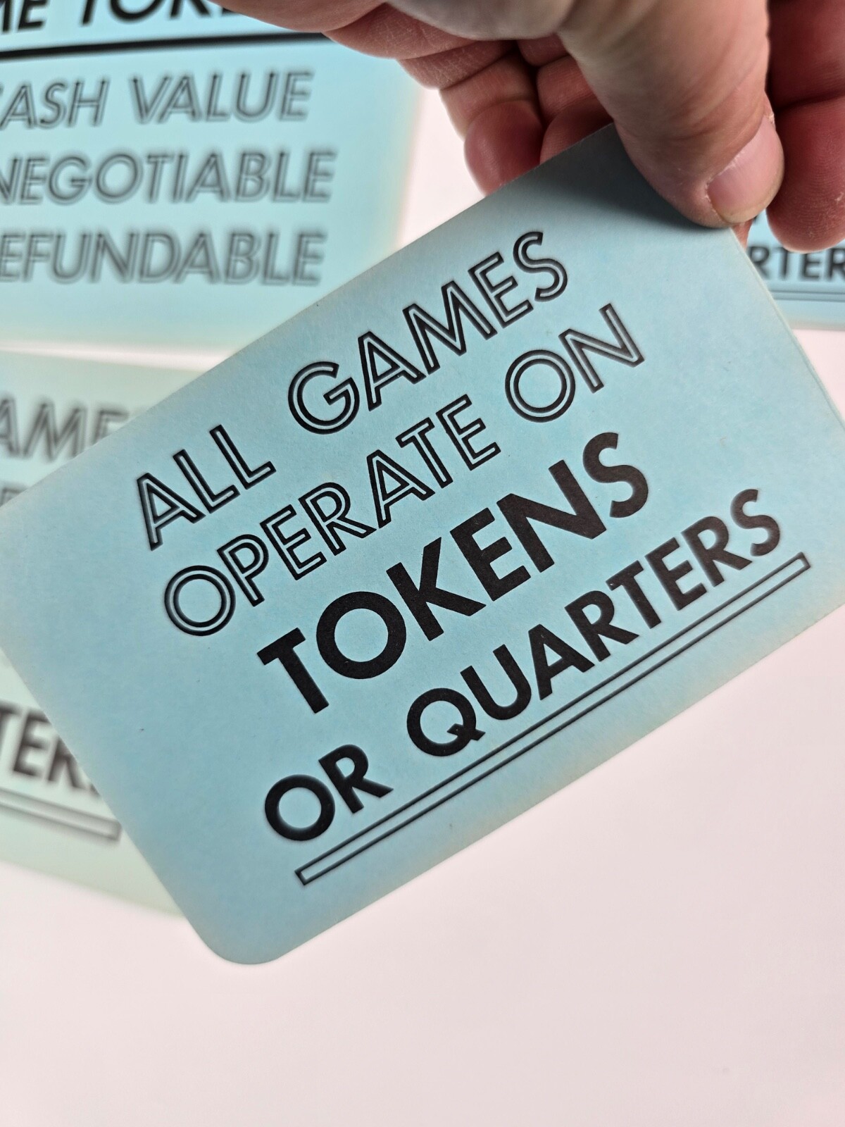 Lot of 4 Vintage Arcade Blue Cardboard Signs Game Tokens No Cash Value 1980’s