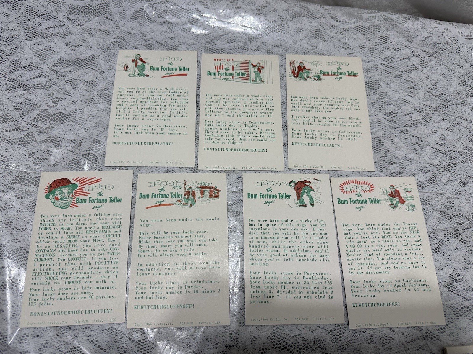1966 Arcade Cards (Humor) Exhibit Supply Co. Lot Of 7 “HOBO The Bum Fortune…”