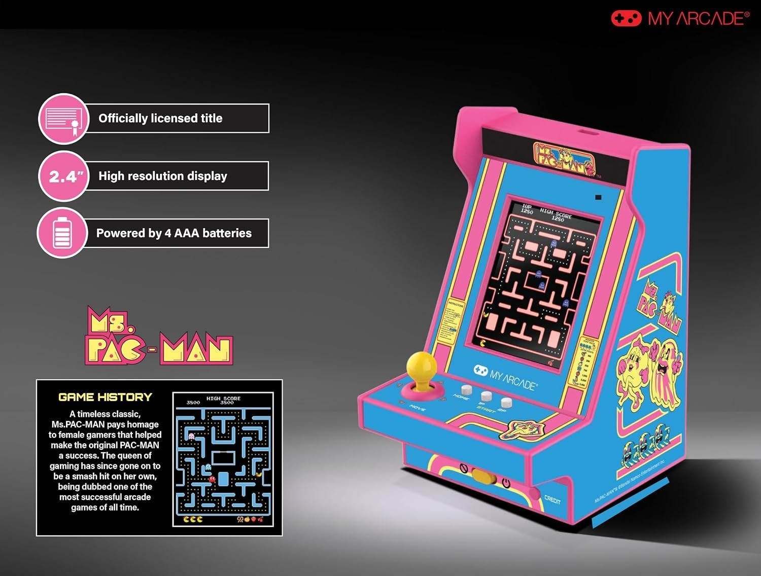 Ms Pac Man Mini Arcade Player 4.8 Inches Portable Retro Game for Kids Adults