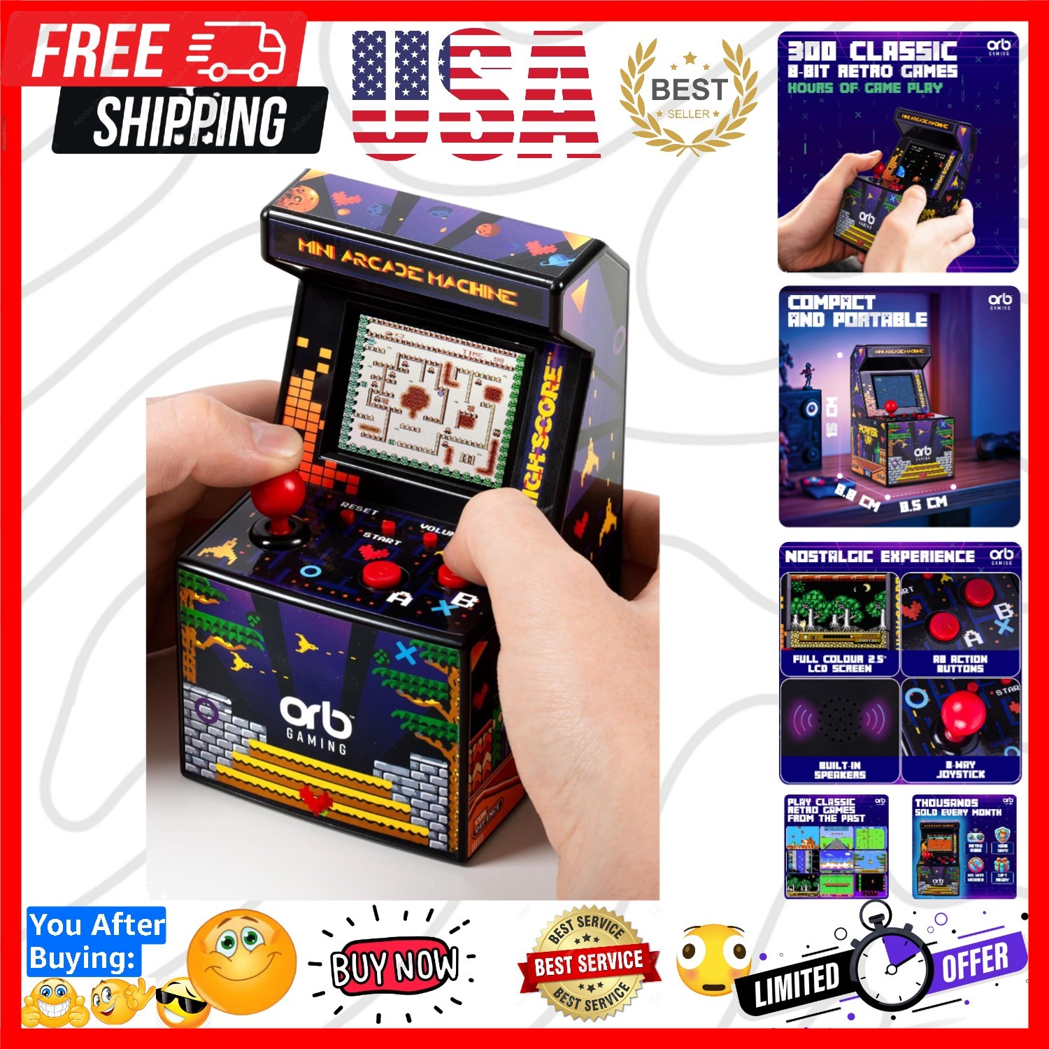 Orb – Mini Arcade Machine, 300 in-Built Games, 8-Bit Retro Arcade Games, 2.5”…