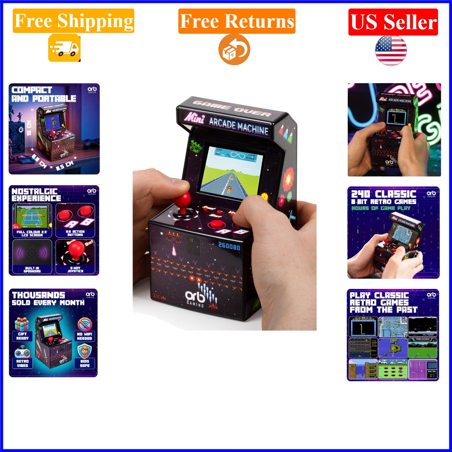 Mini Arcade Machine with 240 Retro Games, 2.5″ Screen, Joystick, Battery