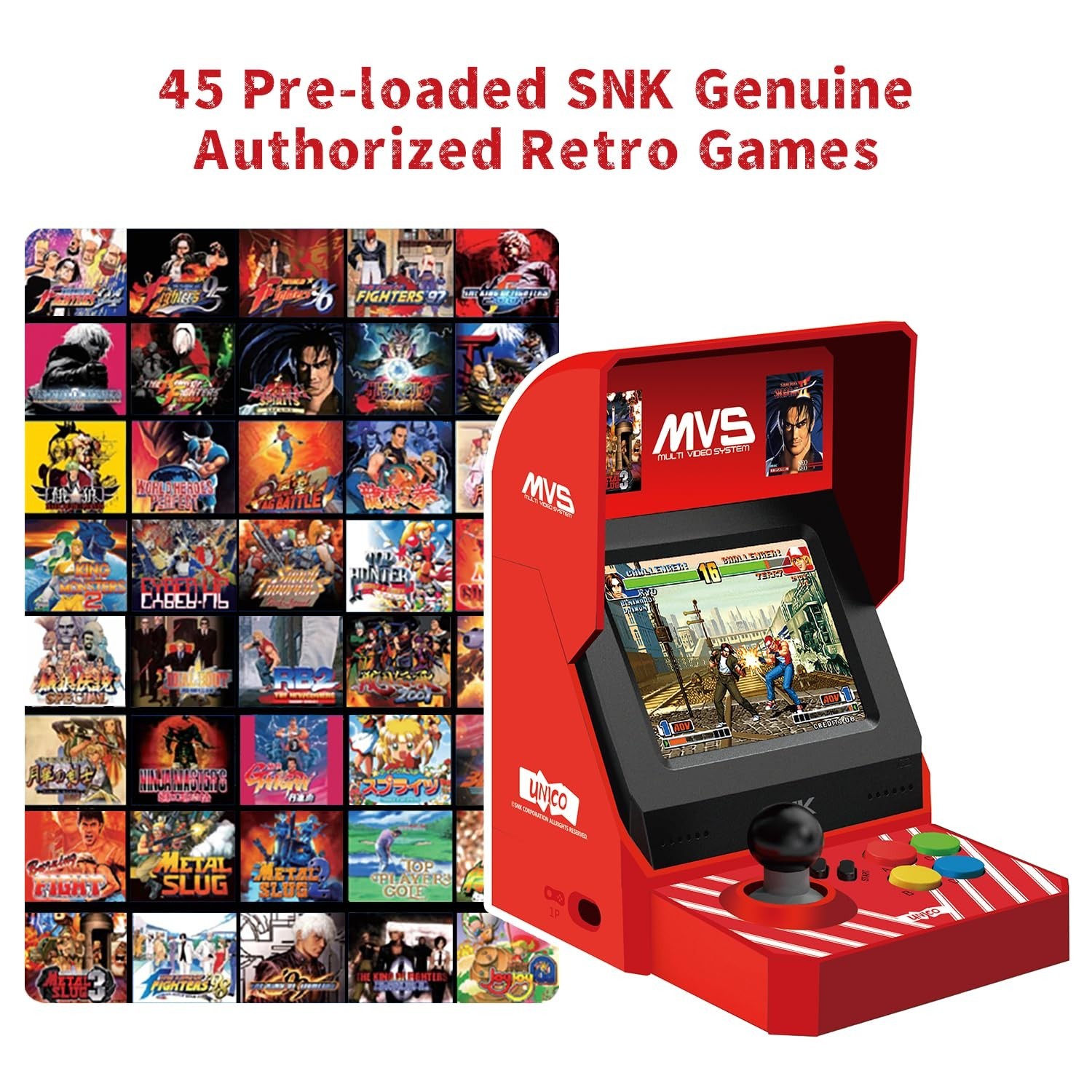 UNICO MVS Mini Home Arcade Machine, 45 Pre-Loaded Classic Games:10 KOF / 5 Me…