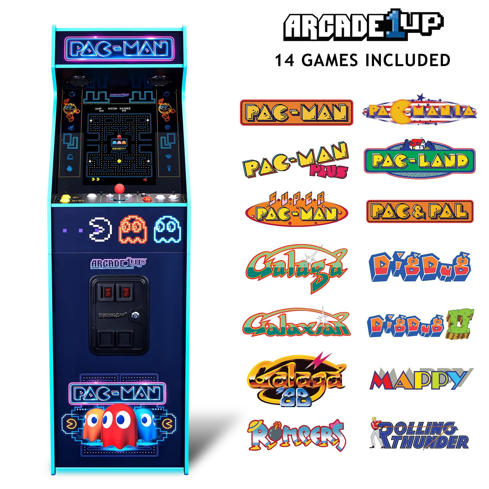 ARCADE1UP PAC-MAN DELUXE ARCADE MACHINE WITH 14 GAMES INCLUDED, 5 FEET TALL,NEON