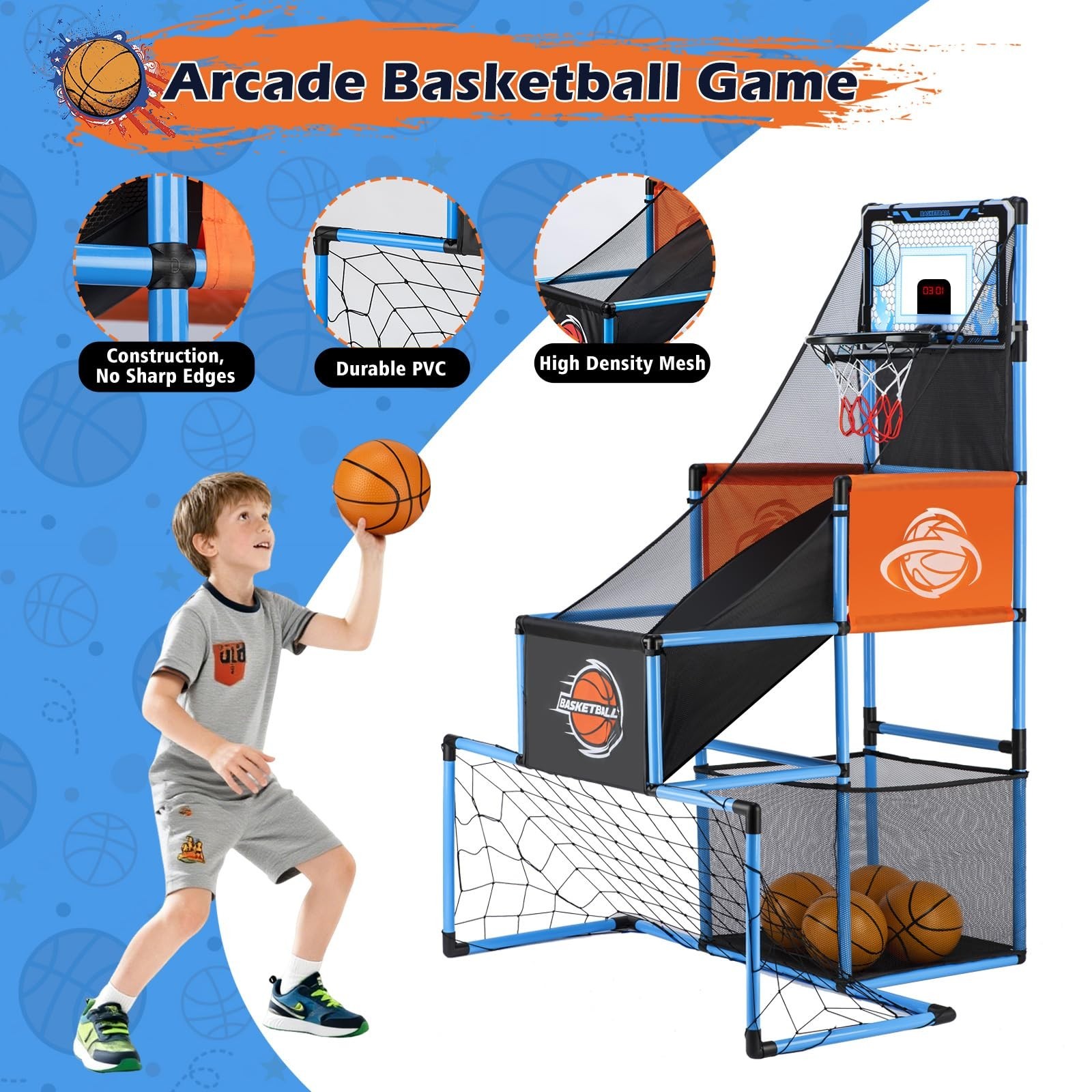 2 in 1 Basketball Arcade Game & Soccer Goal for Kids, Adjustable Kid Basketba…