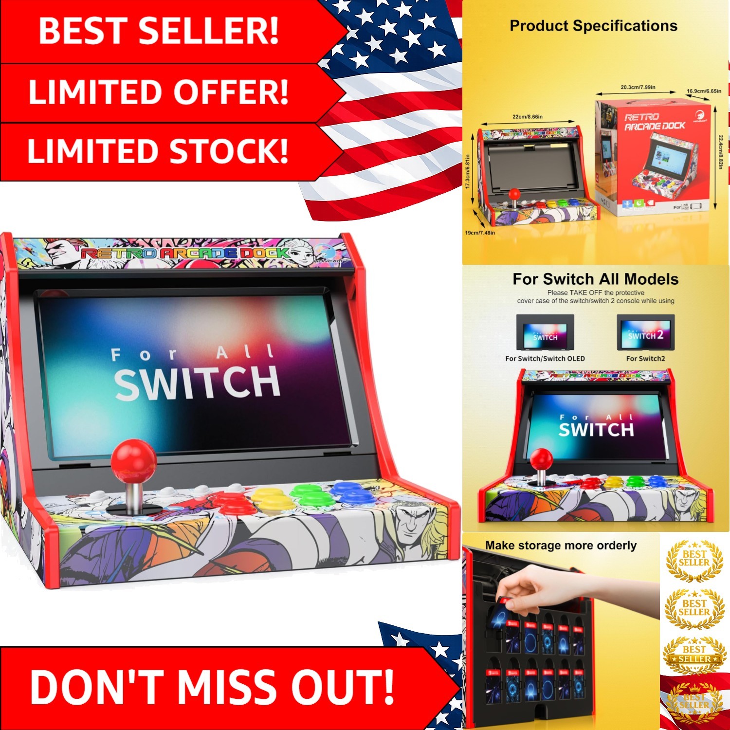 Portable Retro Arcade Machine for Nintendo Switch & OLED with Joystick Controls