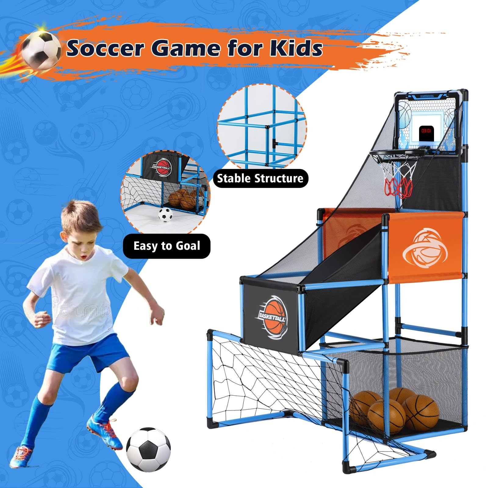 2 in 1 Basketball Arcade Game & Soccer Goal for Kids, Adjustable Kid Basketba…