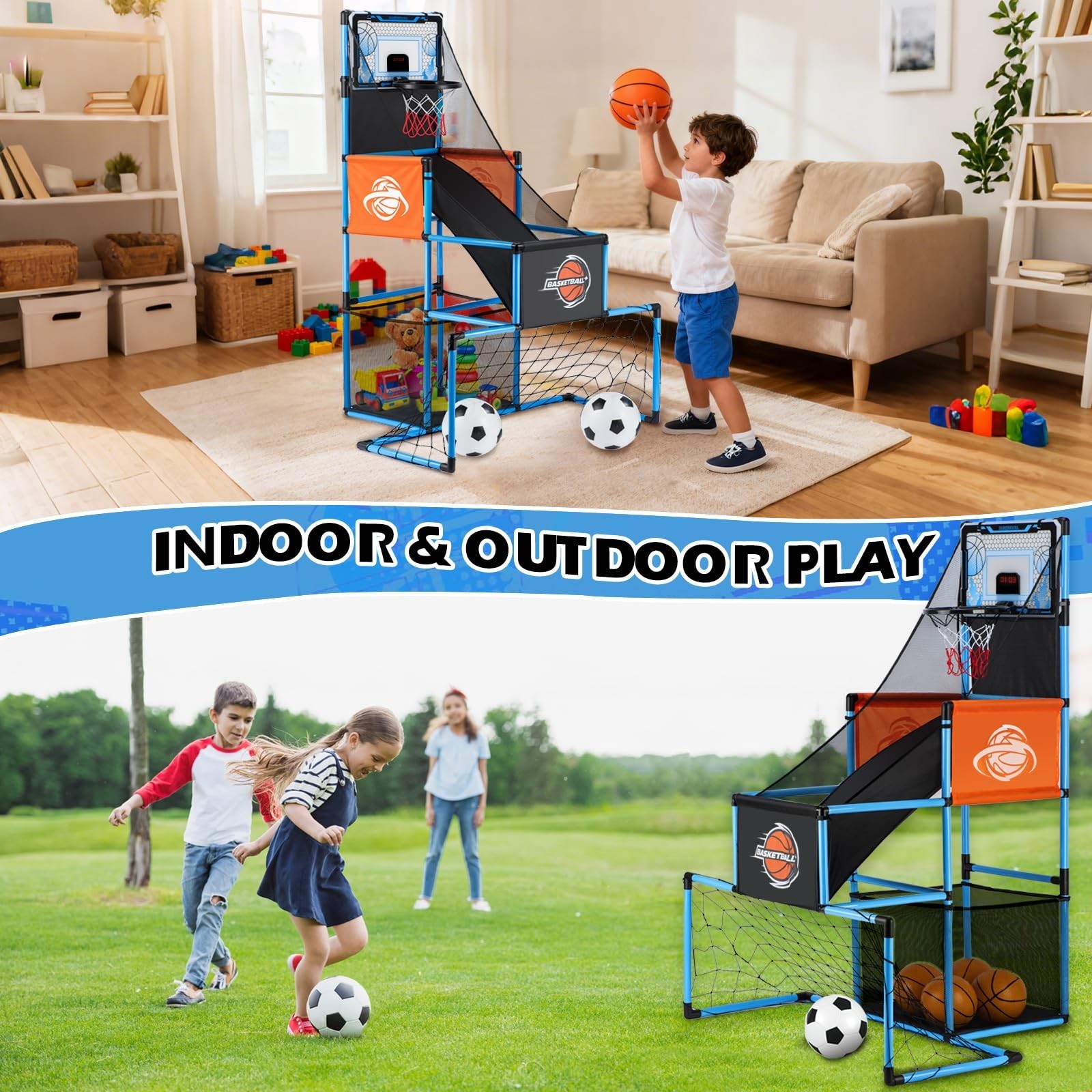 2 in 1 Basketball Arcade Game & Soccer Goal for Kids, Adjustable Kid Basketba…