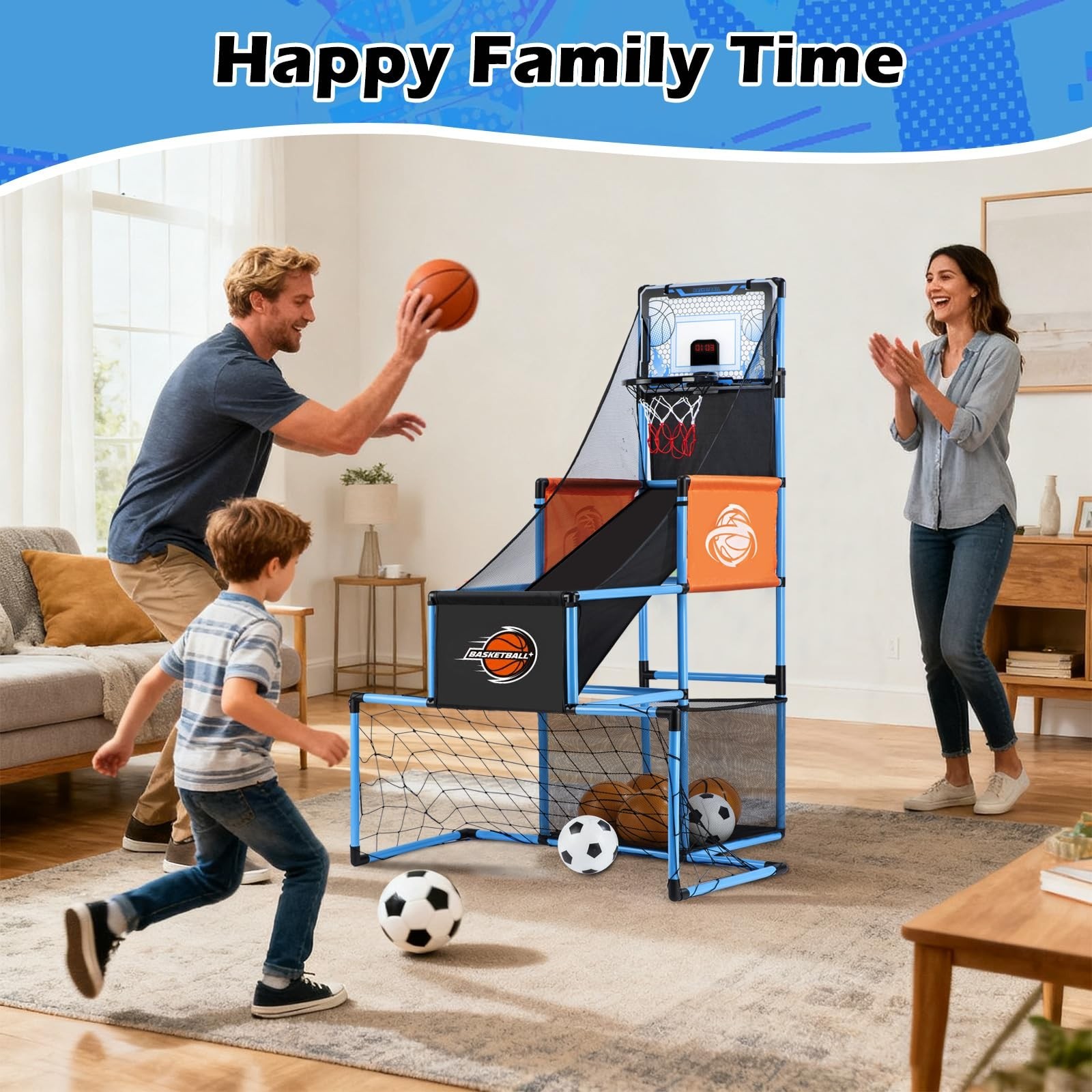 2 in 1 Basketball Arcade Game & Soccer Goal for Kids, Adjustable Kid Basketba…