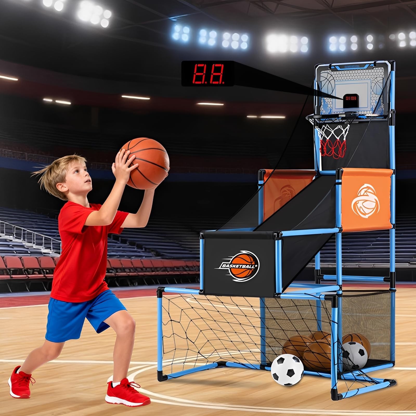 2 in 1 Basketball Arcade Game & Soccer Goal for Kids, Adjustable Kid Basketba…