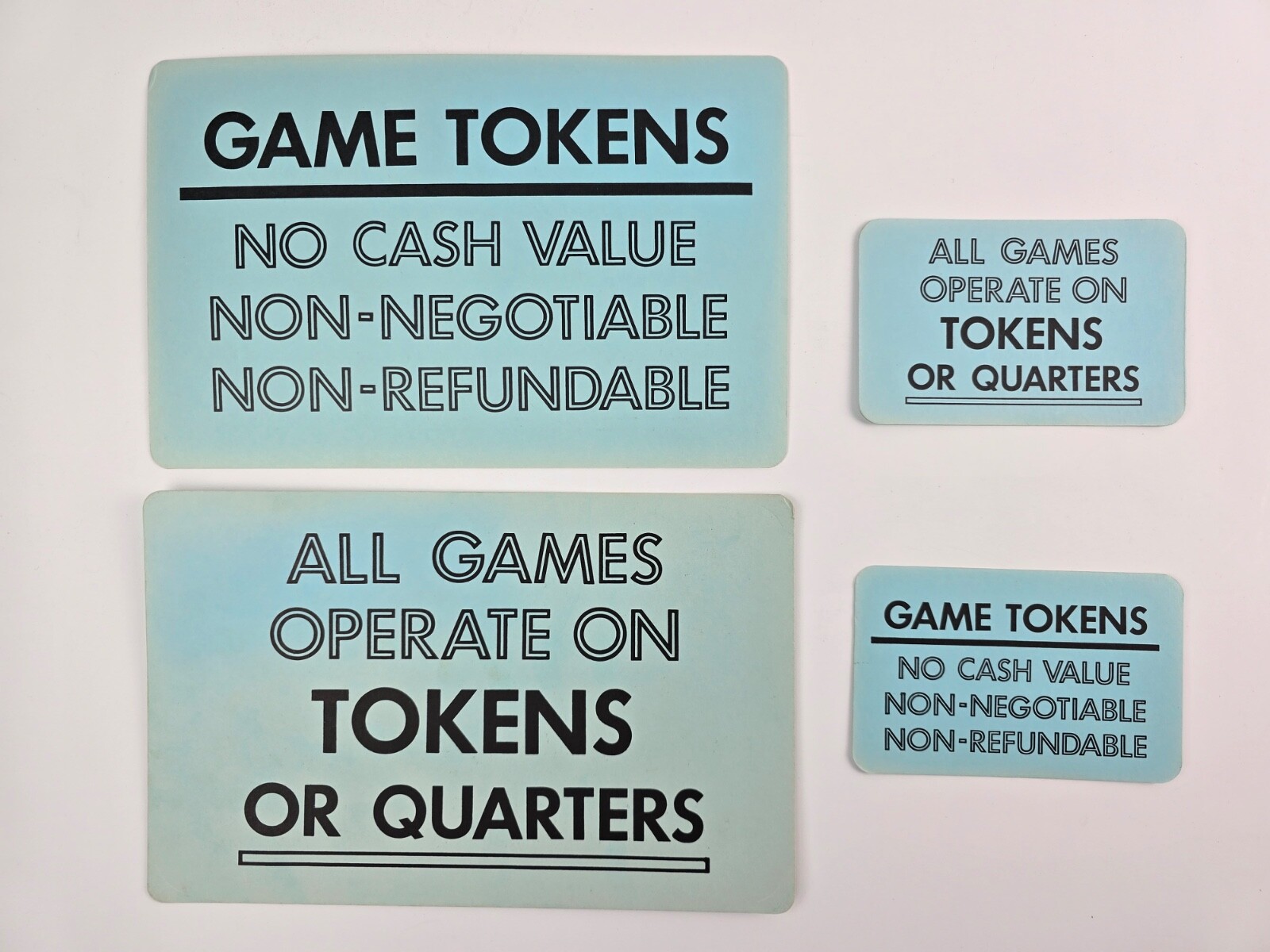 Lot of 4 Vintage Arcade Blue Cardboard Signs Game Tokens No Cash Value 1980’s