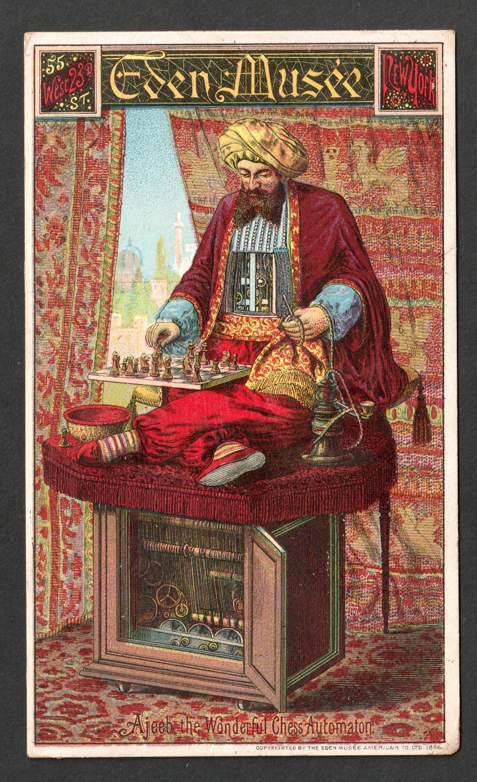 Ajeeb Arcade © 1886 Chess Automaton Eden Musée Museum Circus Sideshow Trade Card