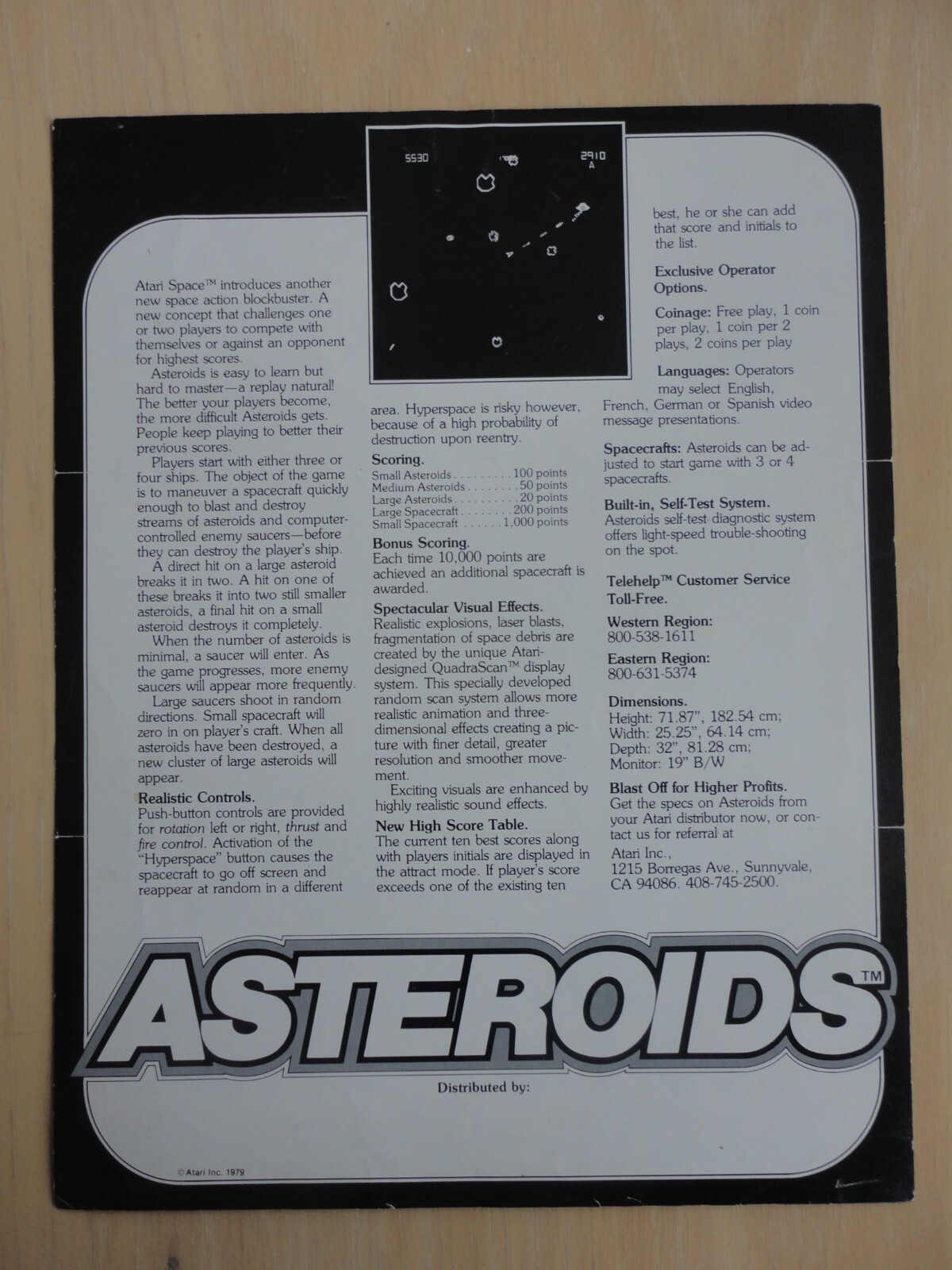 Asteroids Video Arcade Machine Flyer Original Atari Upright Brochure 1979