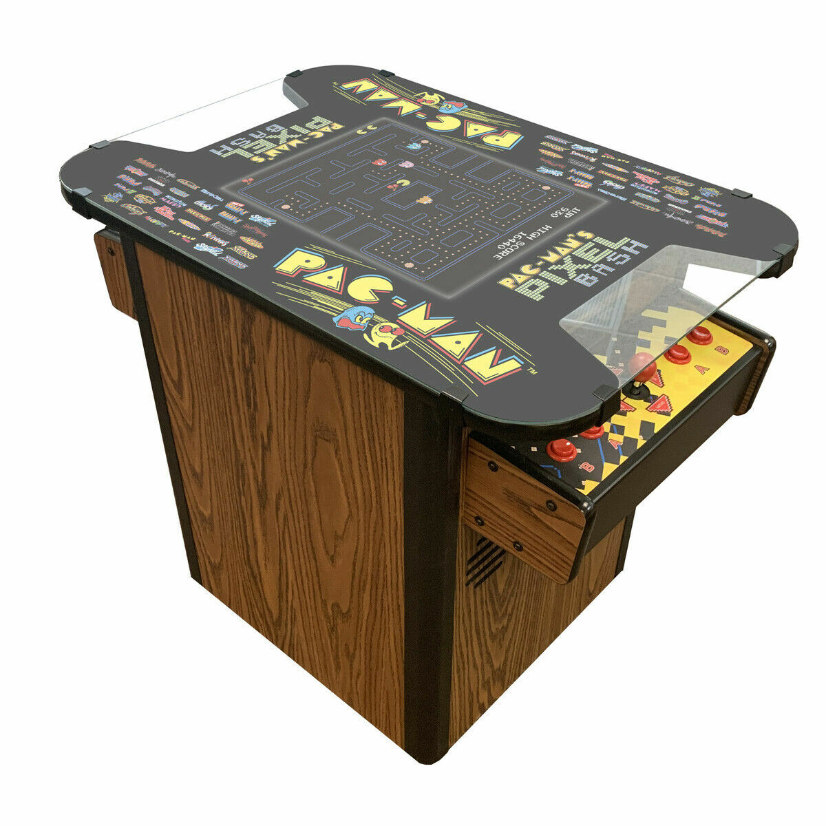 Pac-Man Pixel Bash Cocktail 32 games Wood grain finish with Stools!!