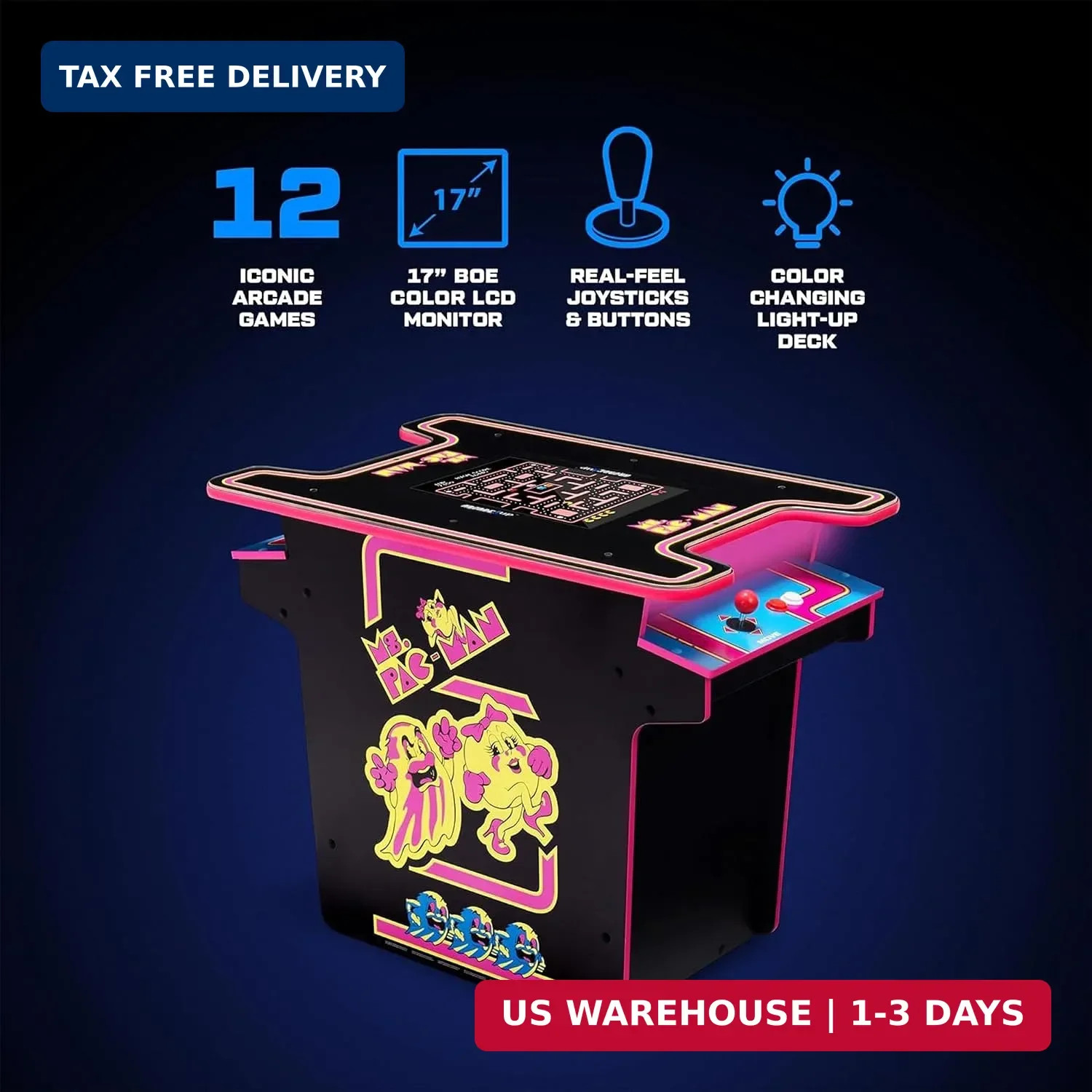 Arcade1Up Ms. PAC-MAN Head-to-Head Arcade Table, 12 Classic Games | Retro Home A