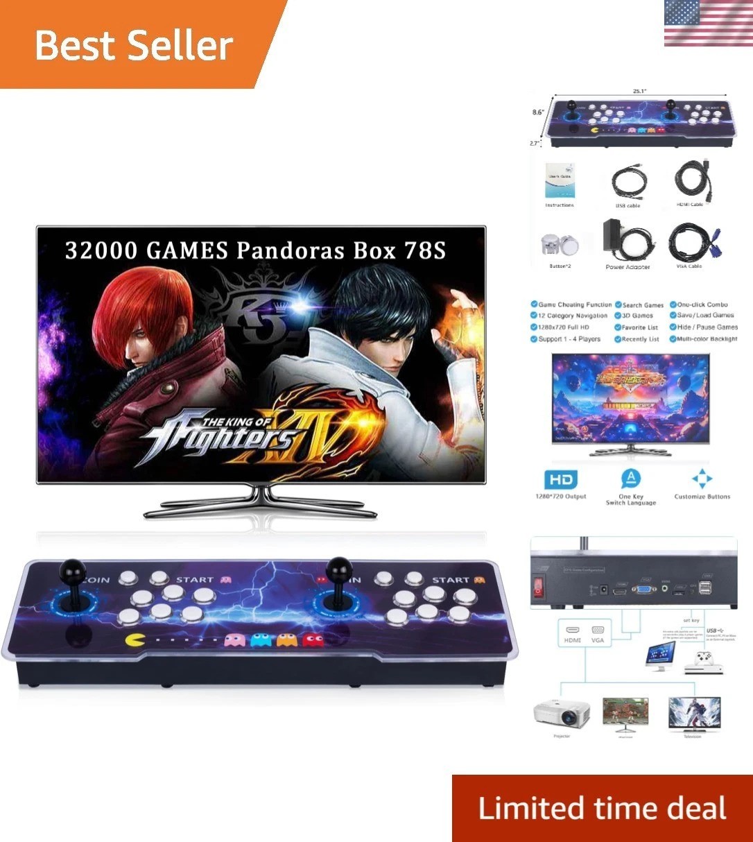 32000 in 1 Pandoras Box 78S Retro Arcade Game Console, 4 Player 3D Magical Mo…