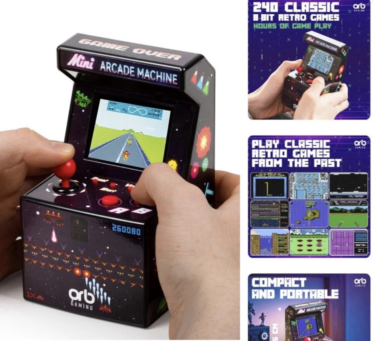 Mini Arcade Machine, 240 Built-In 8-Bit Games, 2.5” Full Colour Screen, 8-Way Jo