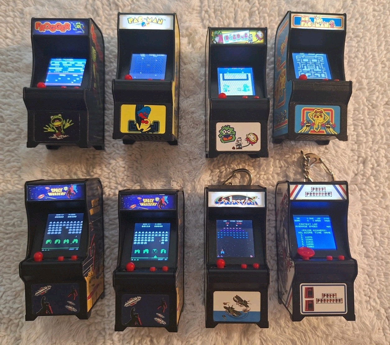 Tiny Arcade Games Keychain Lot of 8 PacMan Frogger Galaxian Dig Dug WORKING