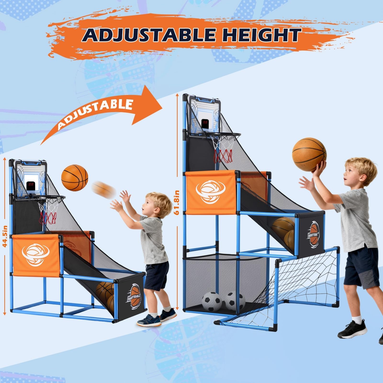 2 in 1 Basketball Arcade Game & Soccer Goal for Kids, Adjustable Kid Basketba…