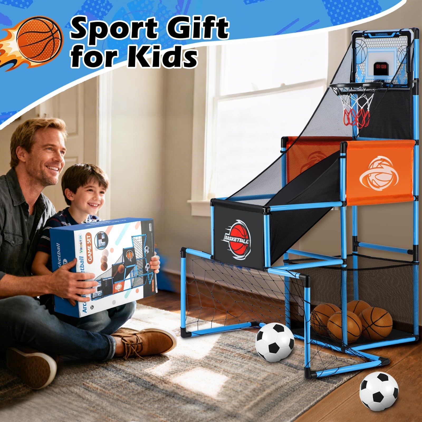 2 in 1 Basketball Arcade Game & Soccer Goal for Kids, Adjustable Kid Basketba…