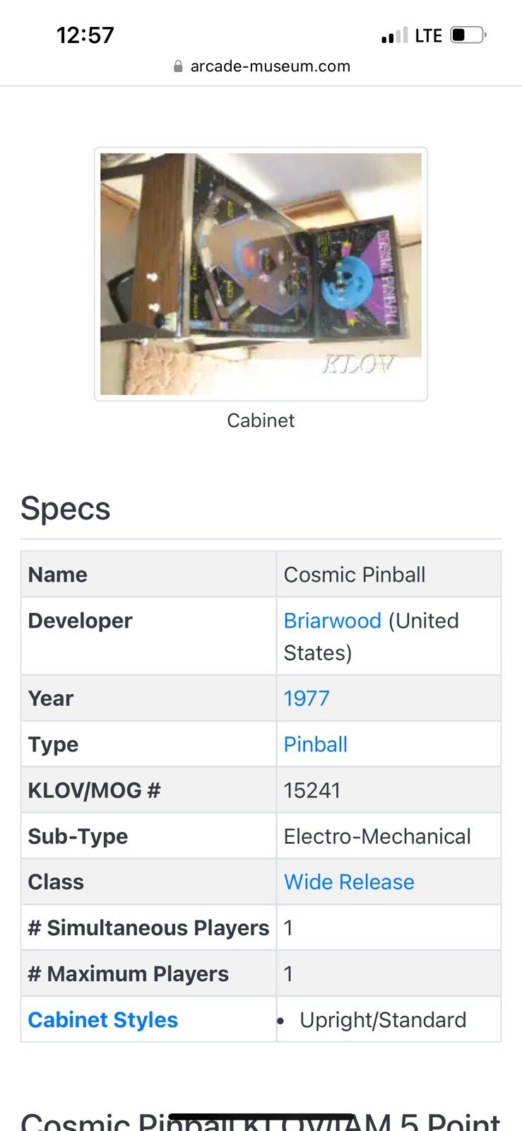 1977 Briarwood Cosmic Pinball Machine