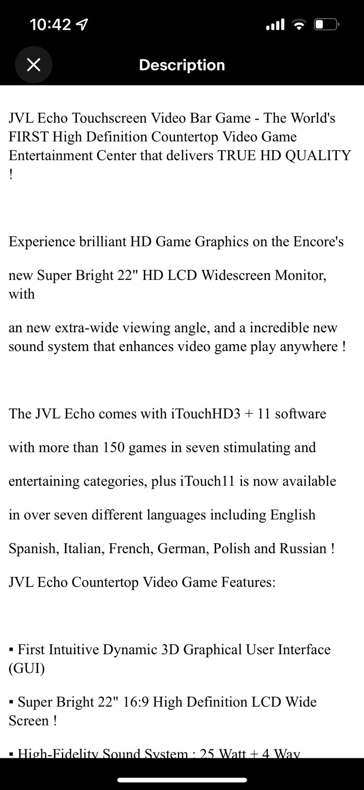 JVL Echo Touchscreen Video Bar Game