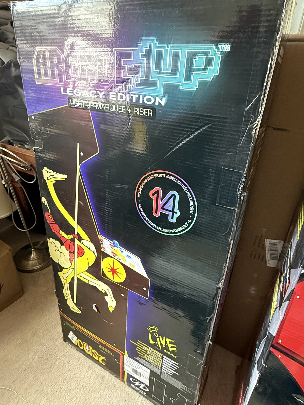arcade1up joust new in box legacy edition, riser and lighted marquee 14 games