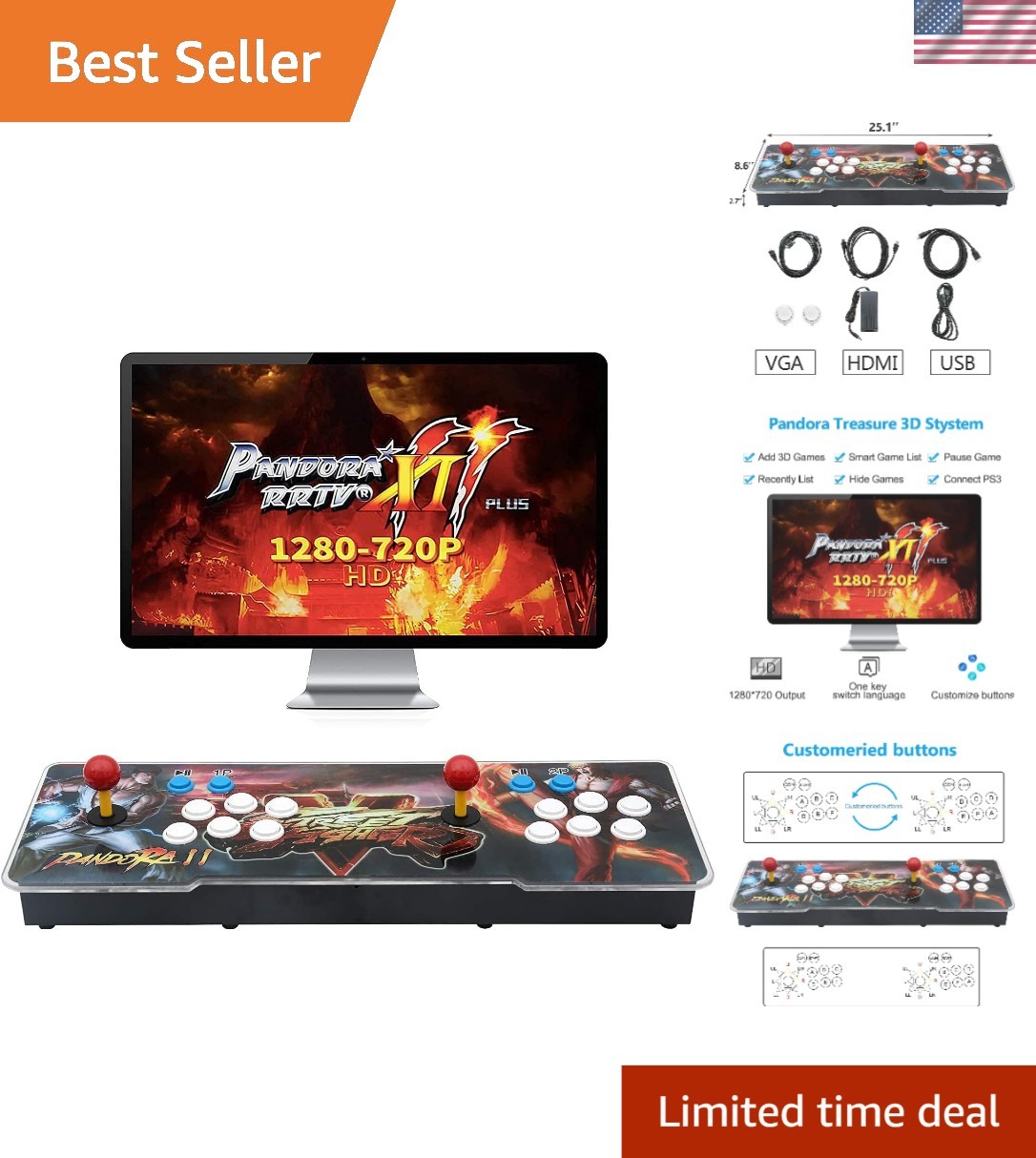 Retro 3D Arcade Console: 30000 Games, HDMI, Customizable Buttons for 4 Players