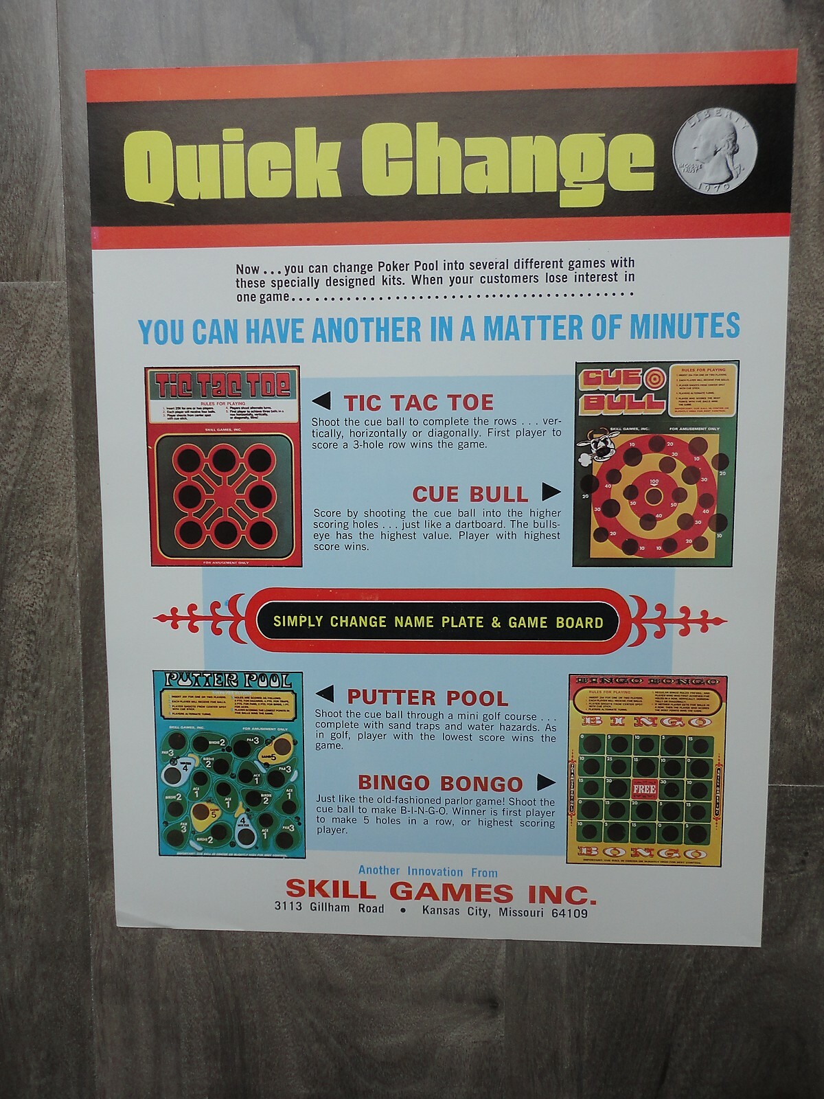 Quick Change Video Arcade Machine Flyer Original Skill Games Brochure