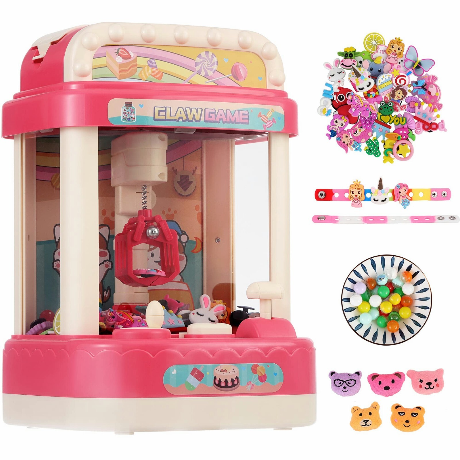 Arcade Claw Machine Candy Crane Game Toy for Kids with 50 Mini Toys Pink Color