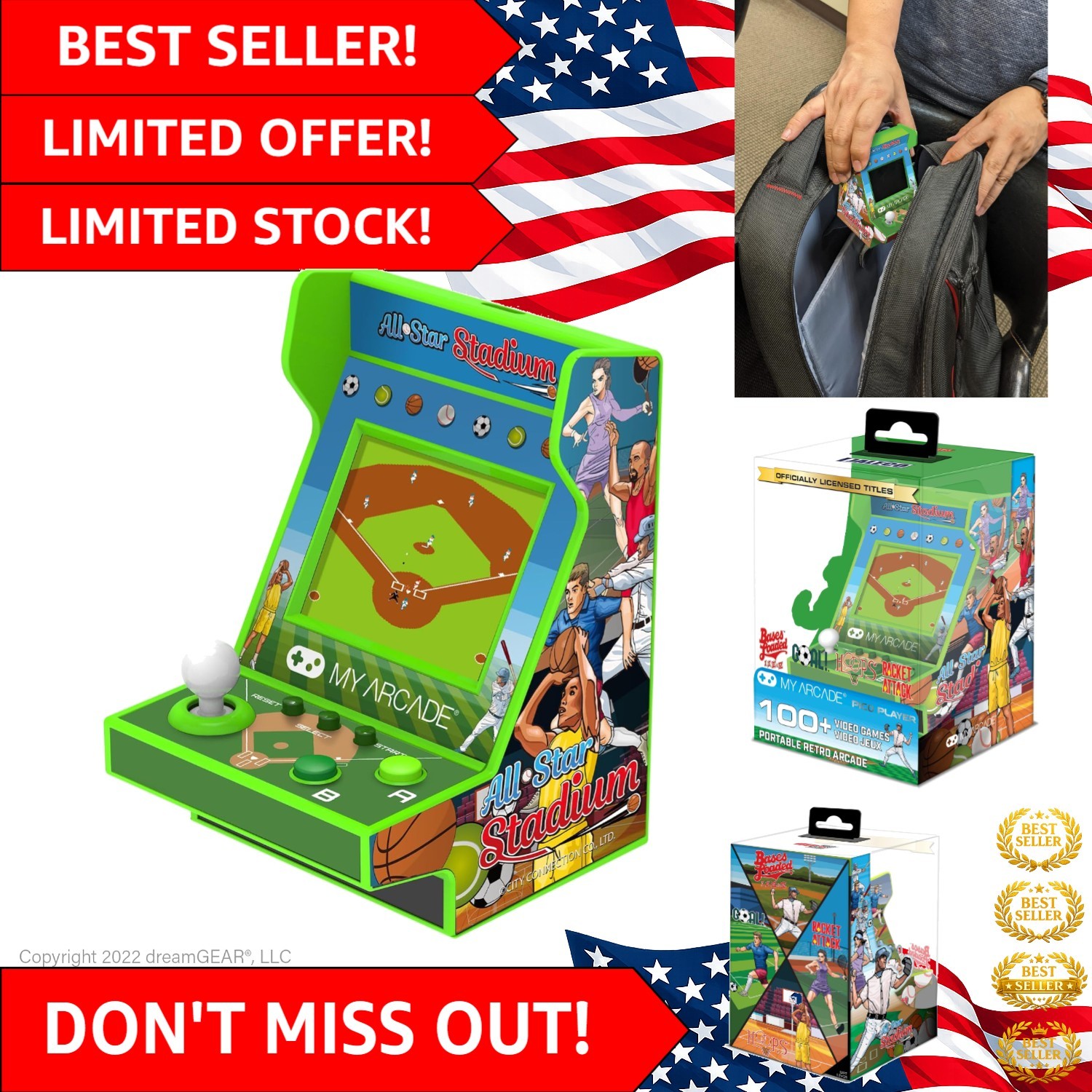All Star Stadium Pico Player – Portable Arcade with 107 Retro Games, 2″ Screen