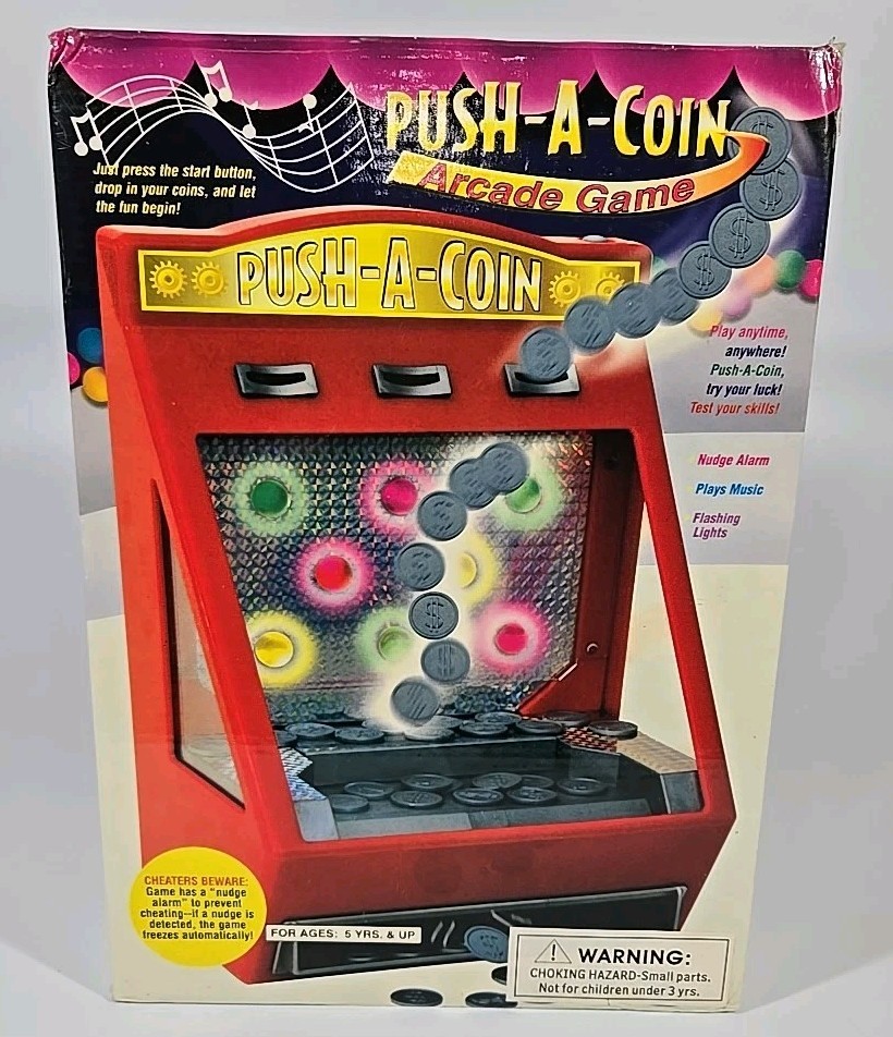 Push-A-Coin Arcade Game Musical- Flashing Lights-Nudge Alarm Arcade Game – NEW!