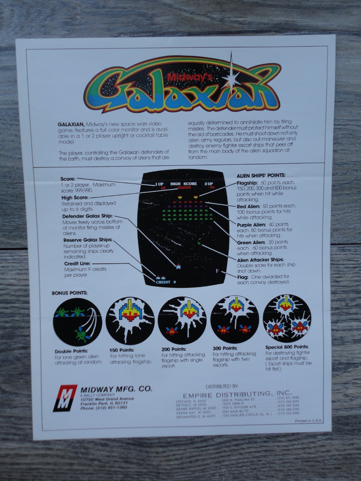Galaxian Video Arcade Machine Flyer Original Midway Brochure