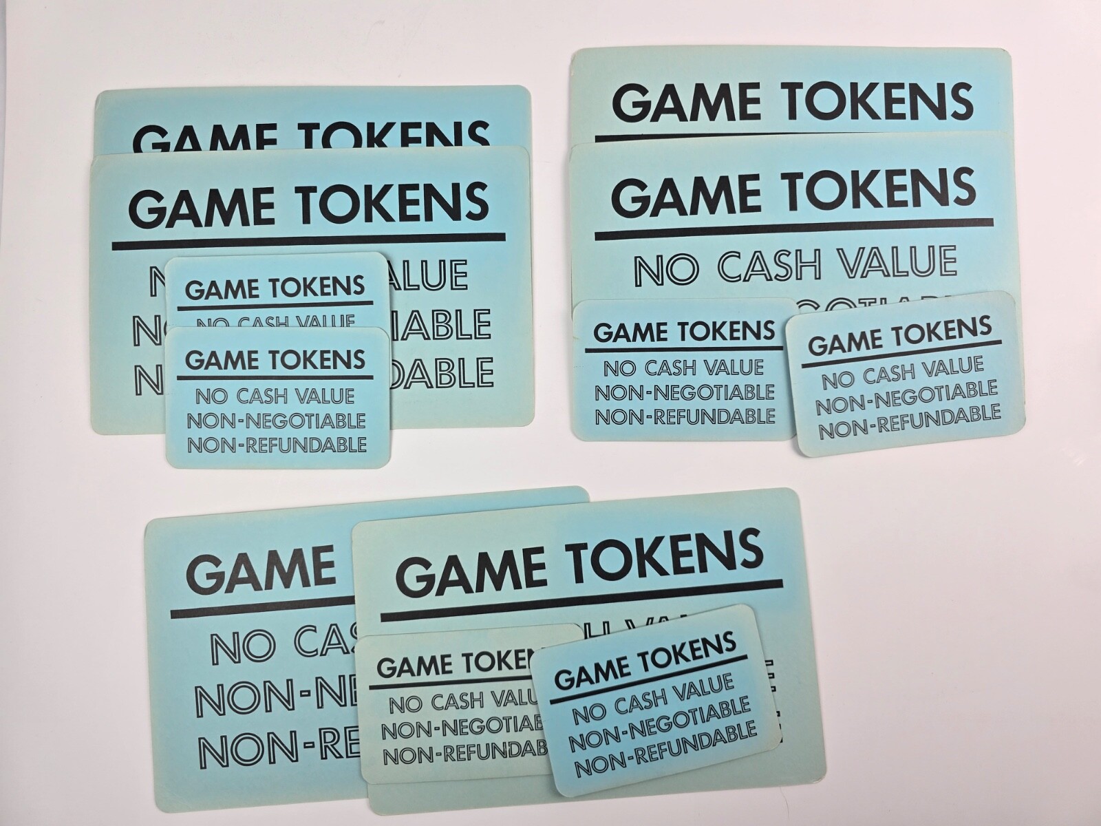 Lot of 4 Vintage Arcade Blue Cardboard Signs Game Tokens No Cash Value 1980’s