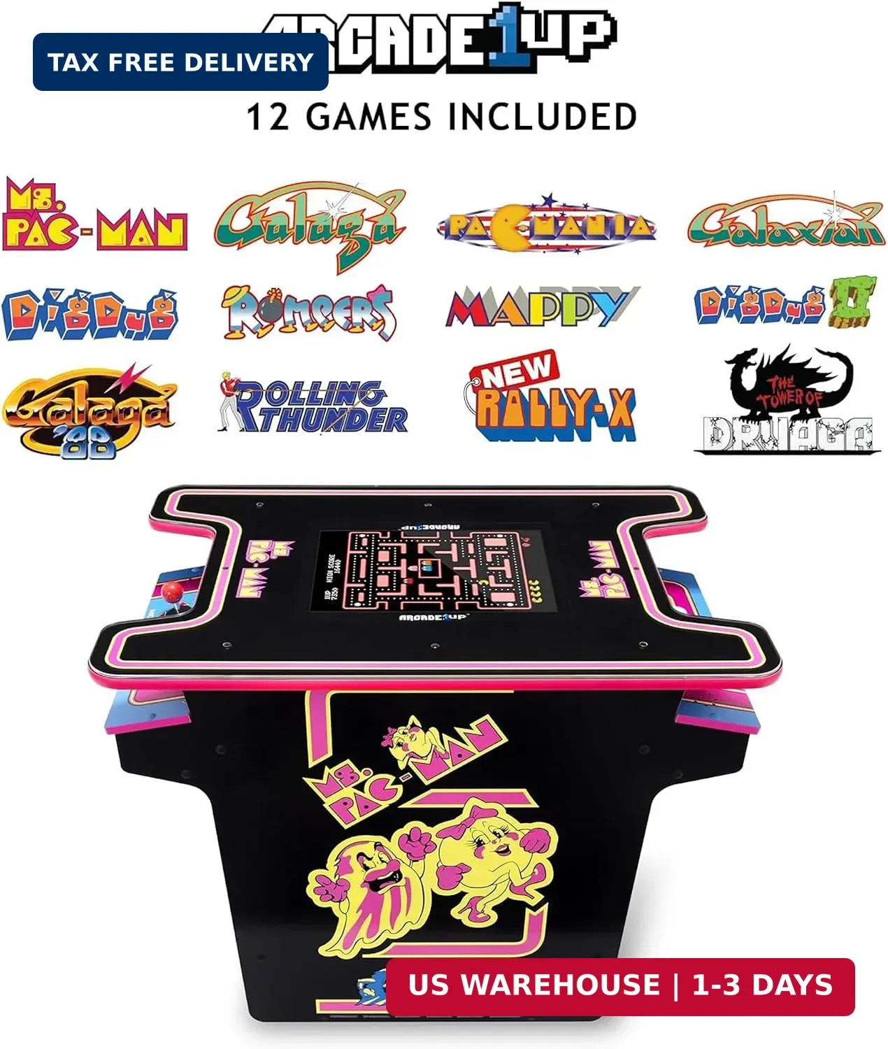 Arcade1Up Ms. PAC-MAN Head-to-Head Arcade Table, 12 Classic Games | Retro Home A