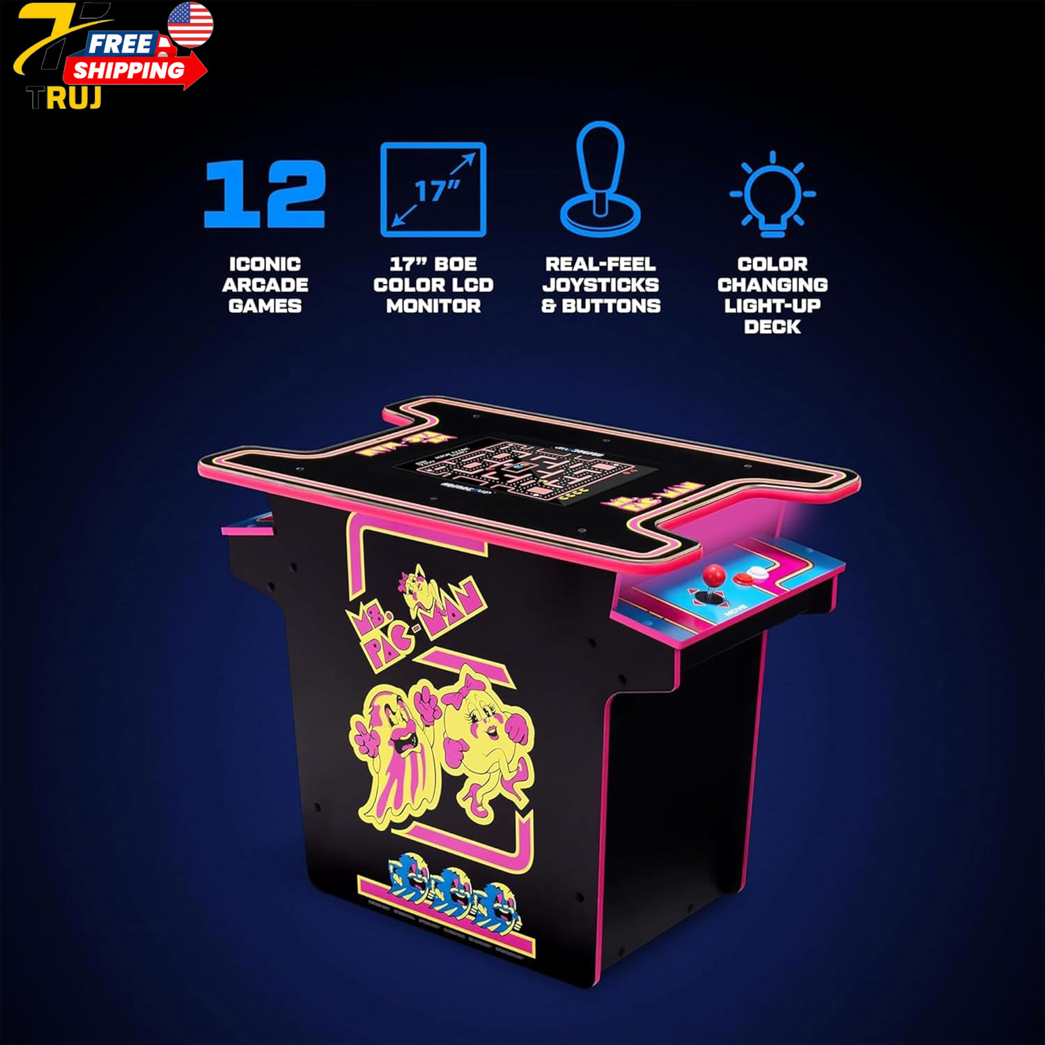 Arcade1Up Ms.Pac Man Head-To-Head Arcade Machine Retro Home Arcade Table with