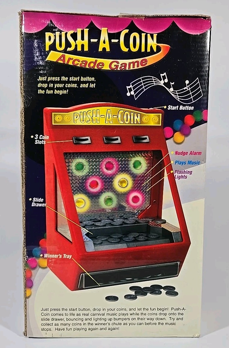 Push-A-Coin Arcade Game Musical- Flashing Lights-Nudge Alarm Arcade Game – NEW!