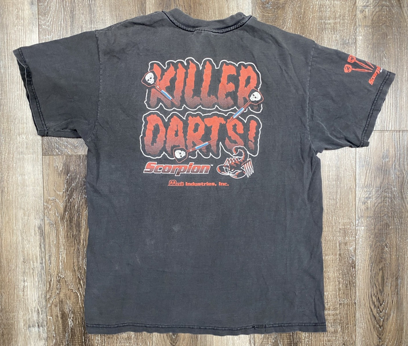 Vintage Merit Killer Darts T-Shirt Size L Scorpion Promo Pocket Tee Heavy Fade