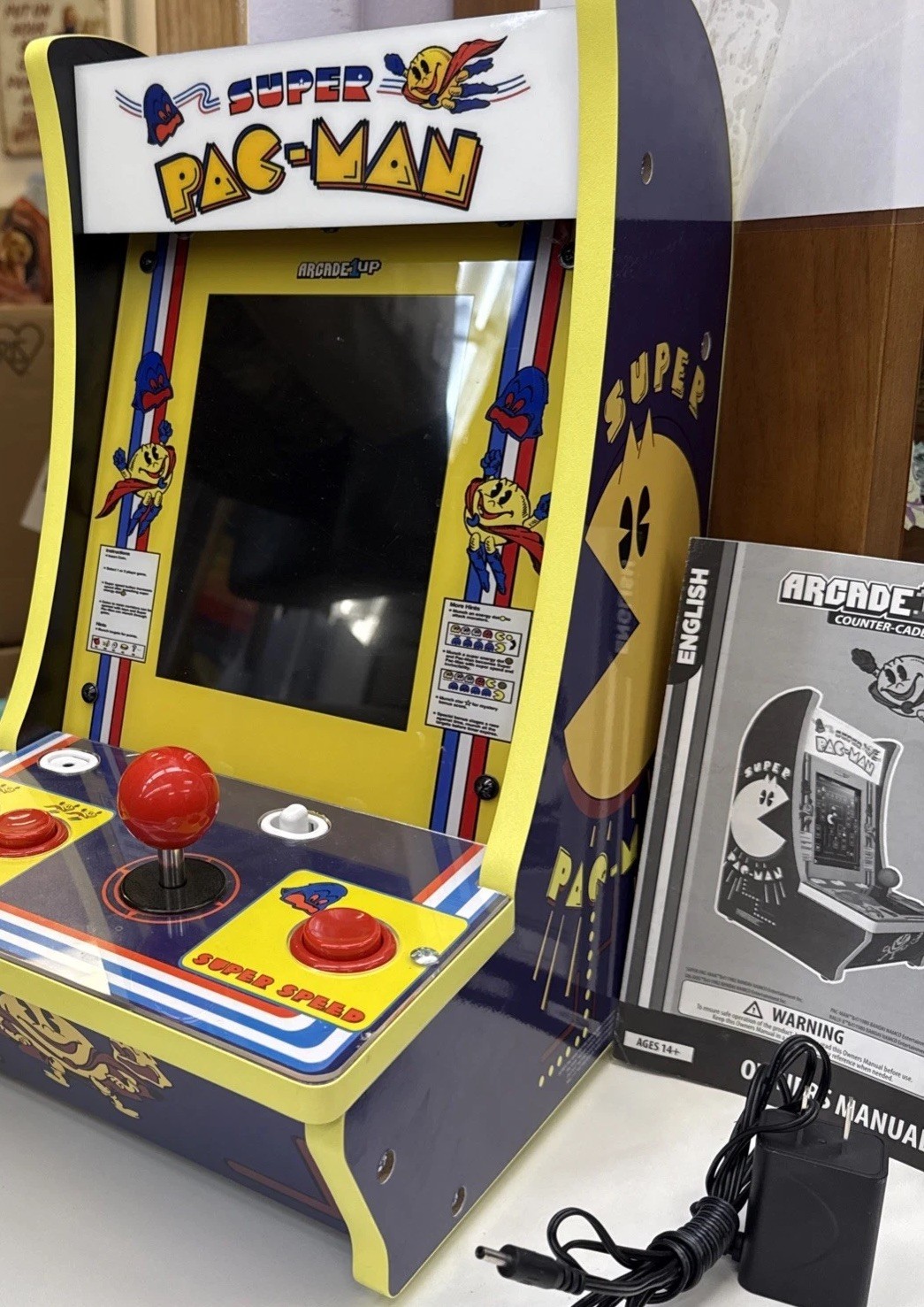1982 – Super PAC-MAN Arcade 1UP Counter-Cade – GUC – With Manual – Power Adapter