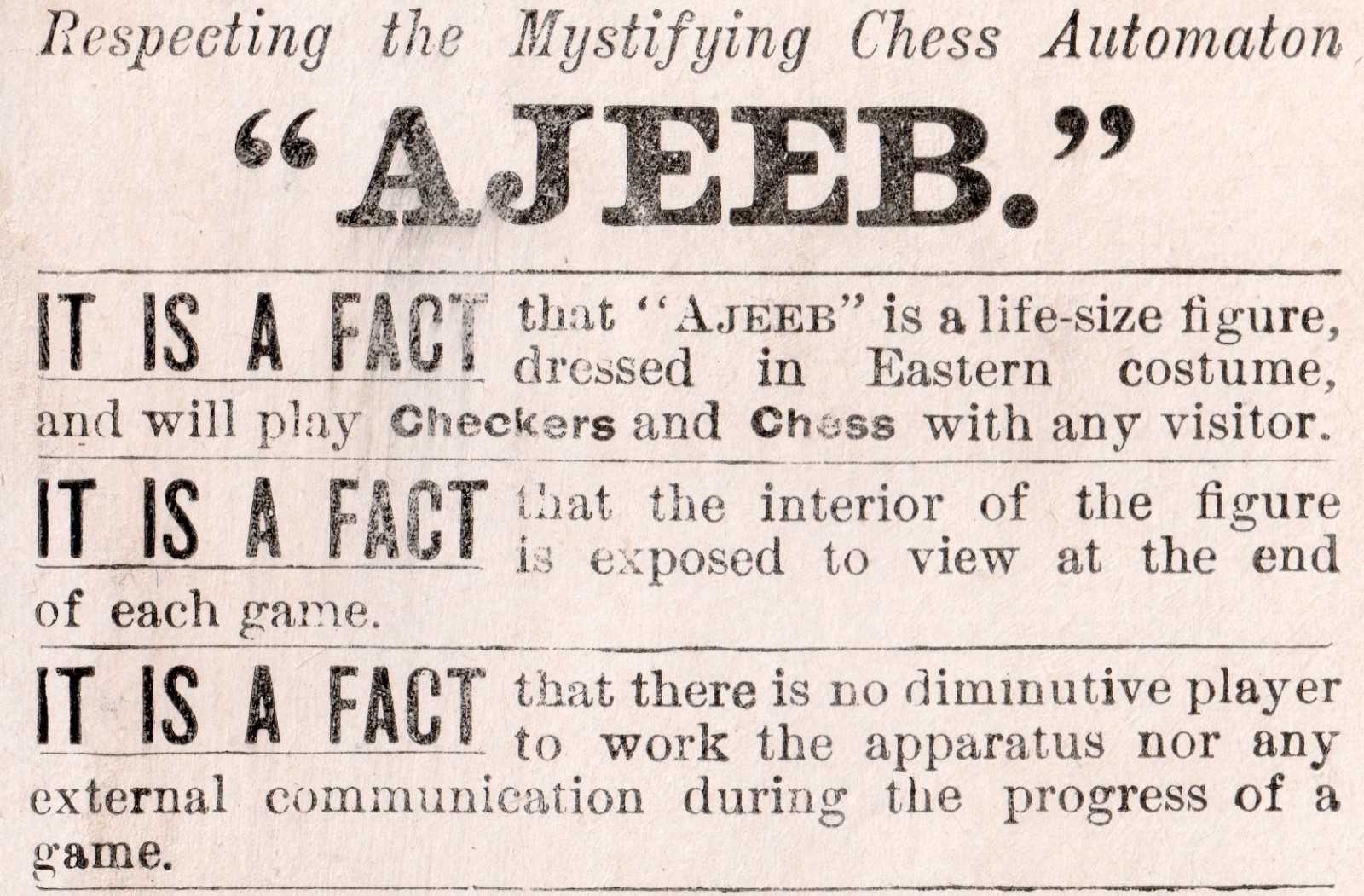Ajeeb Arcade © 1886 Chess Automaton Eden Musée Museum Circus Sideshow Trade Card