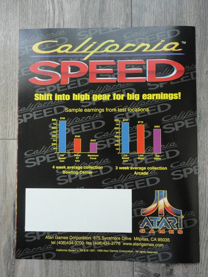 California Speed Video Arcade Machine Flyer Original Atari Brochure