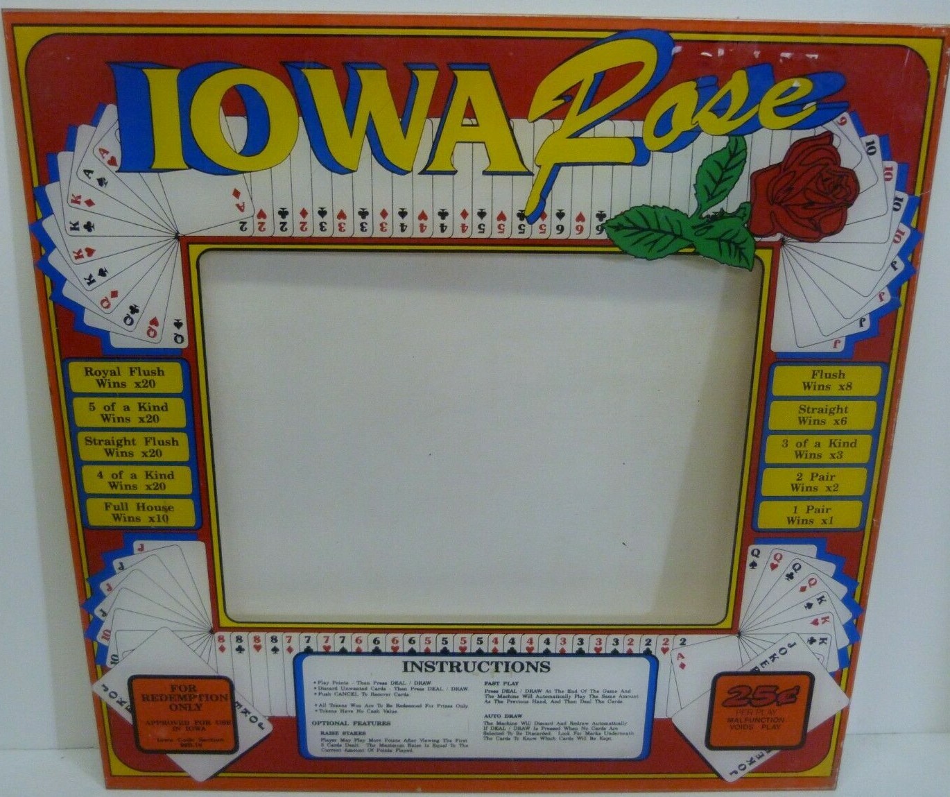 Vintage IOWA ROSE Video Poker Machine Arcade Game Hard Plastic Screen Top