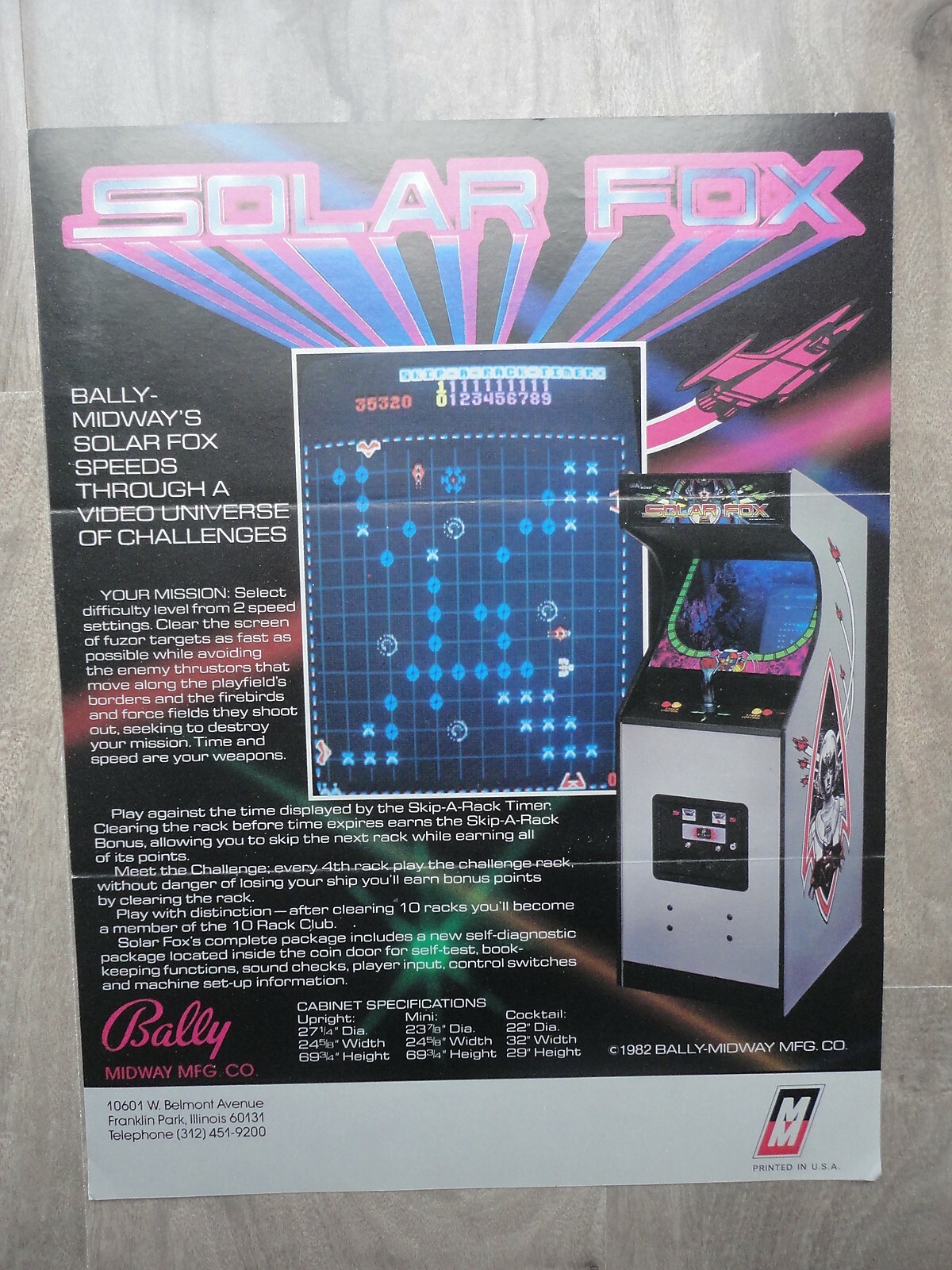 Solar Fox Video Arcade Machine Flyer Original Bally Brochure