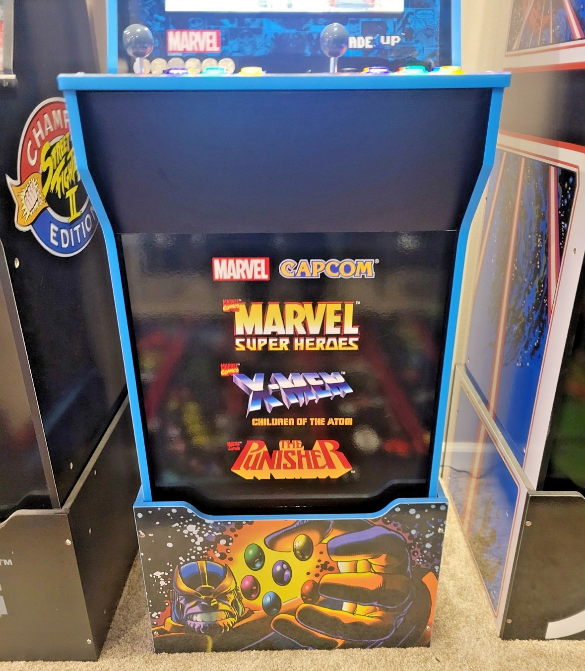 ARCADE1UP MARVEL SUPERHEROES 3-IN-1 CAB W/RISER & LIT “INFINITY STONE” BUTTONS