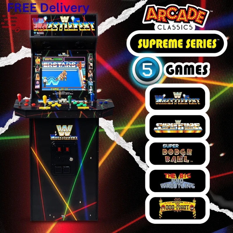 WWE 4 Player Arcade Cabinet 5 Games 19” Screen Light Up Marquee Retro